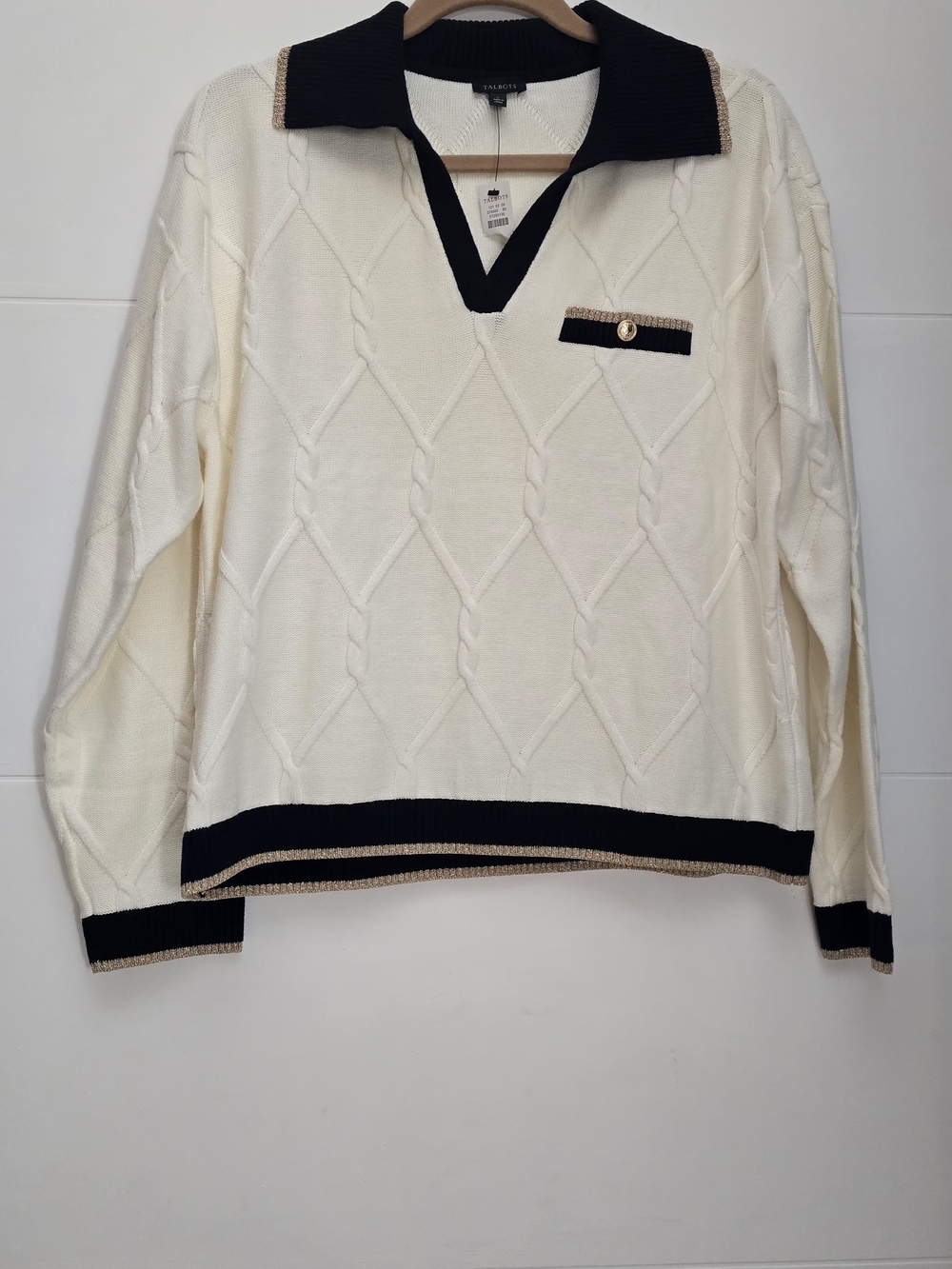 Talbots Sweater Women Large Ivory Cable Knit Black Collar Gold Metallic Trim NWT